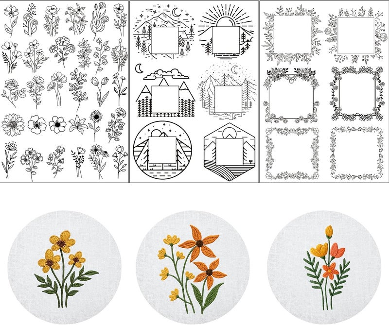 VISSTREE Water Soluble Embroidery Stabilizers for Hat - 3 Sheets 42 Pcs Stick and Stitch Self Adhesive Wash Away with Pre-Printed Flower Pattern for Cap Cloth Embroidery Hand Sewing Lover Beginners DIY Gifts - Image 1
